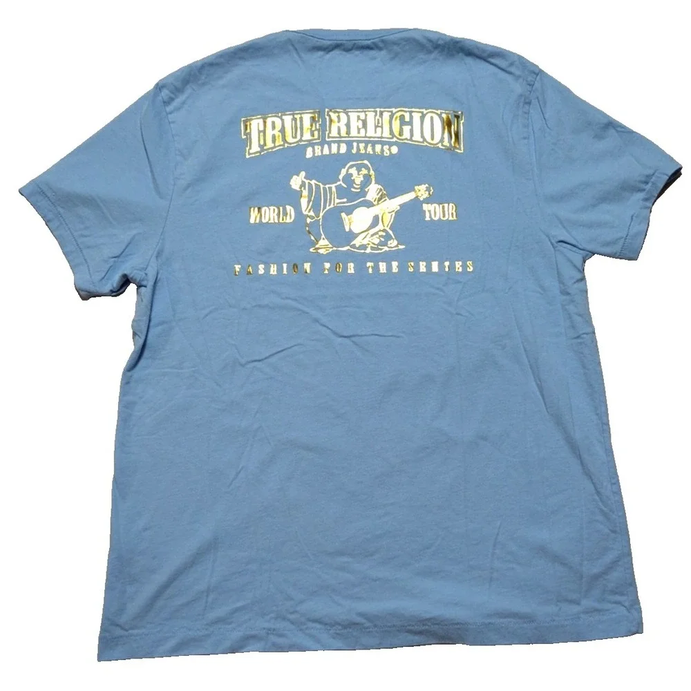 True Religion Gold Foil Buddha T-Shirt - Men XL Light Blue‎ Double-Sided